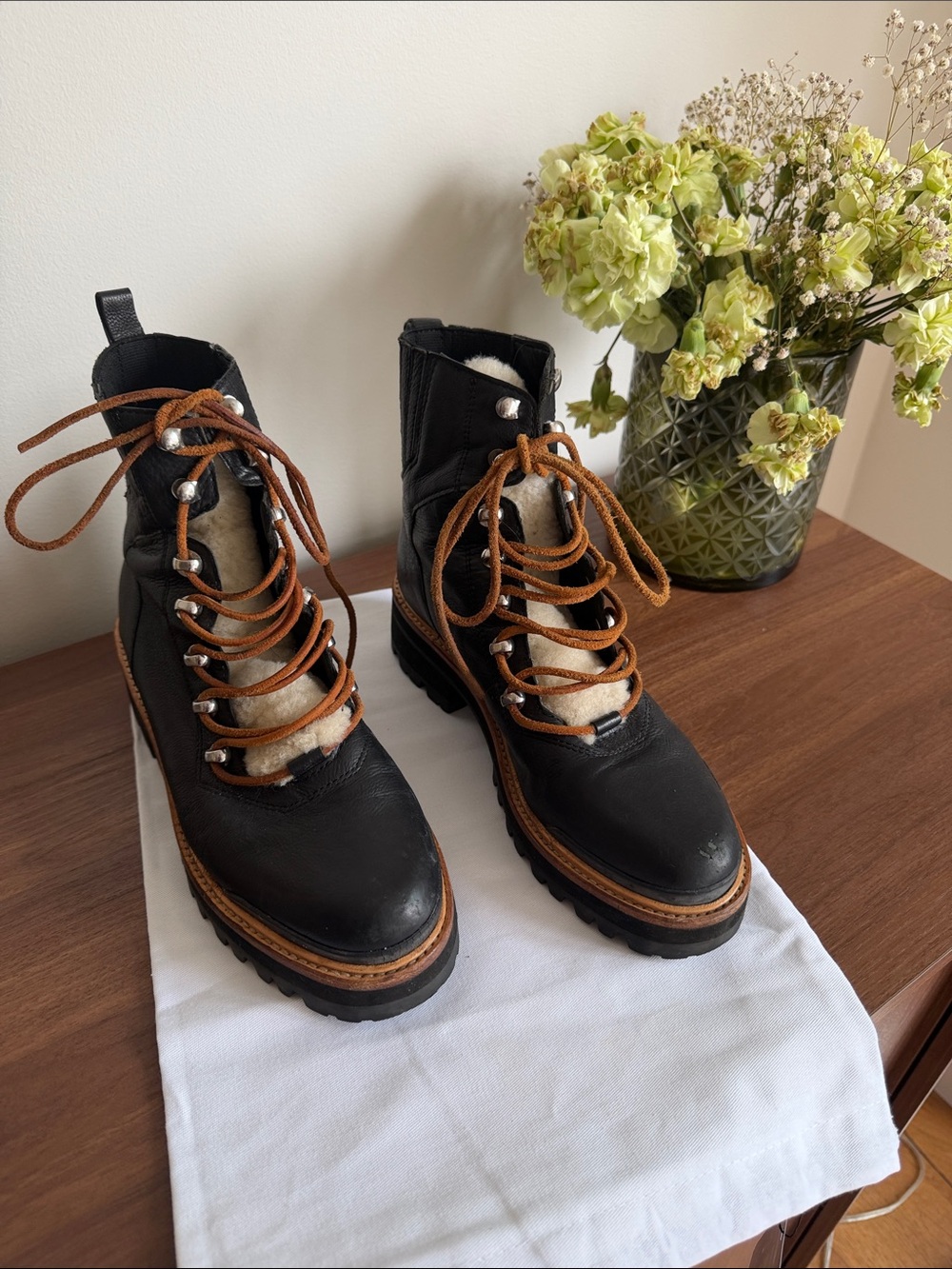 Marc Fisher LTD Izzie Black Leather Genuine Shearling Lace-Up Boots